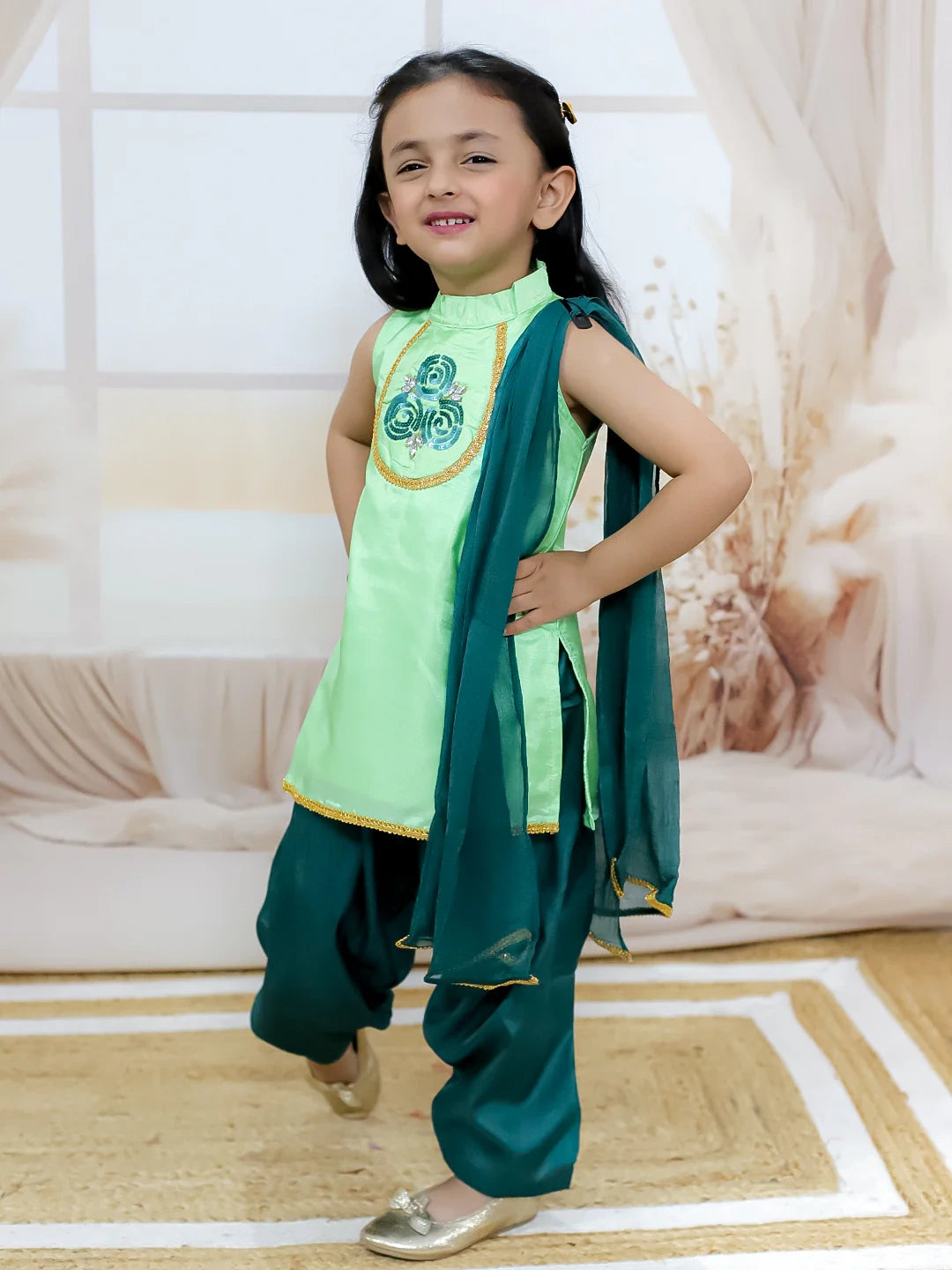 BownBee Hand Embroidered Silk Kurti Salwar with Dupatta for Girls