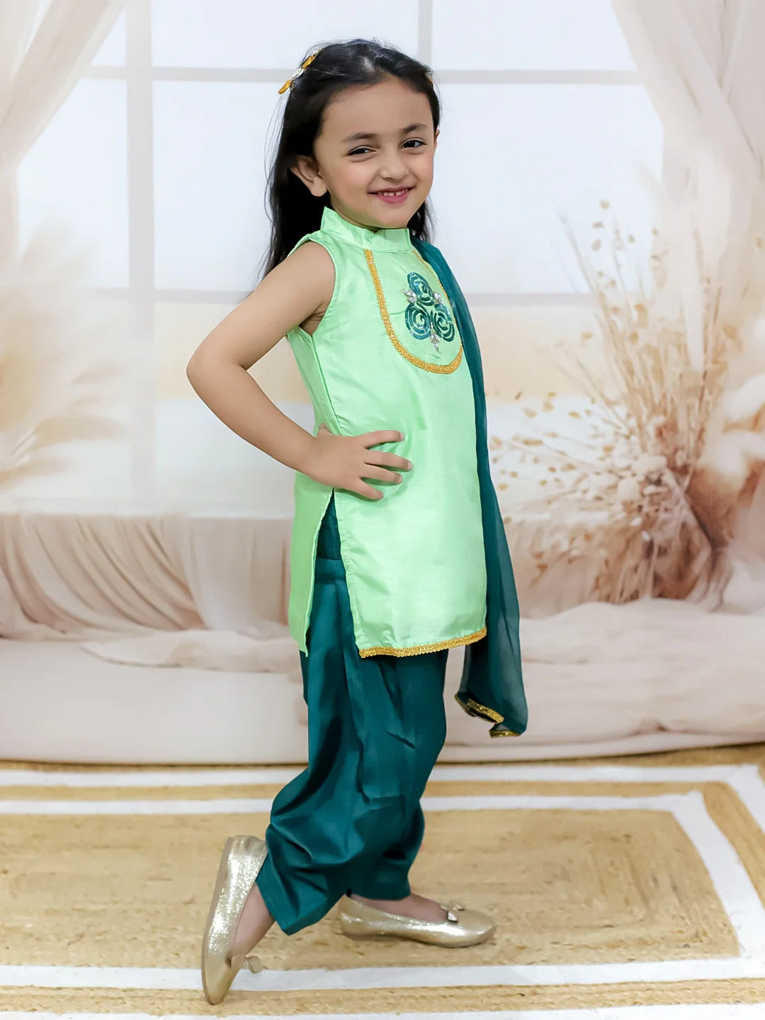 BownBee Hand Embroidered Silk Kurti Salwar with Dupatta for Girls