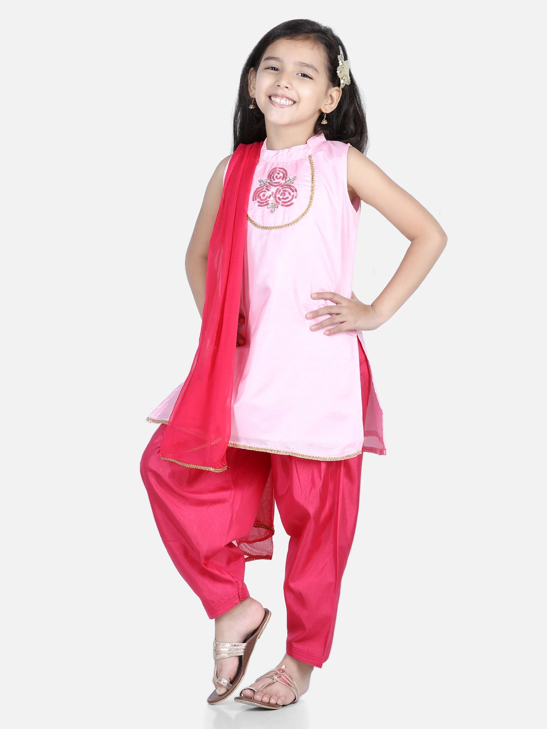 BownBee Rose Hand Embroidered Sleeveless Silk Kurti & Salwar Set With Dupatta