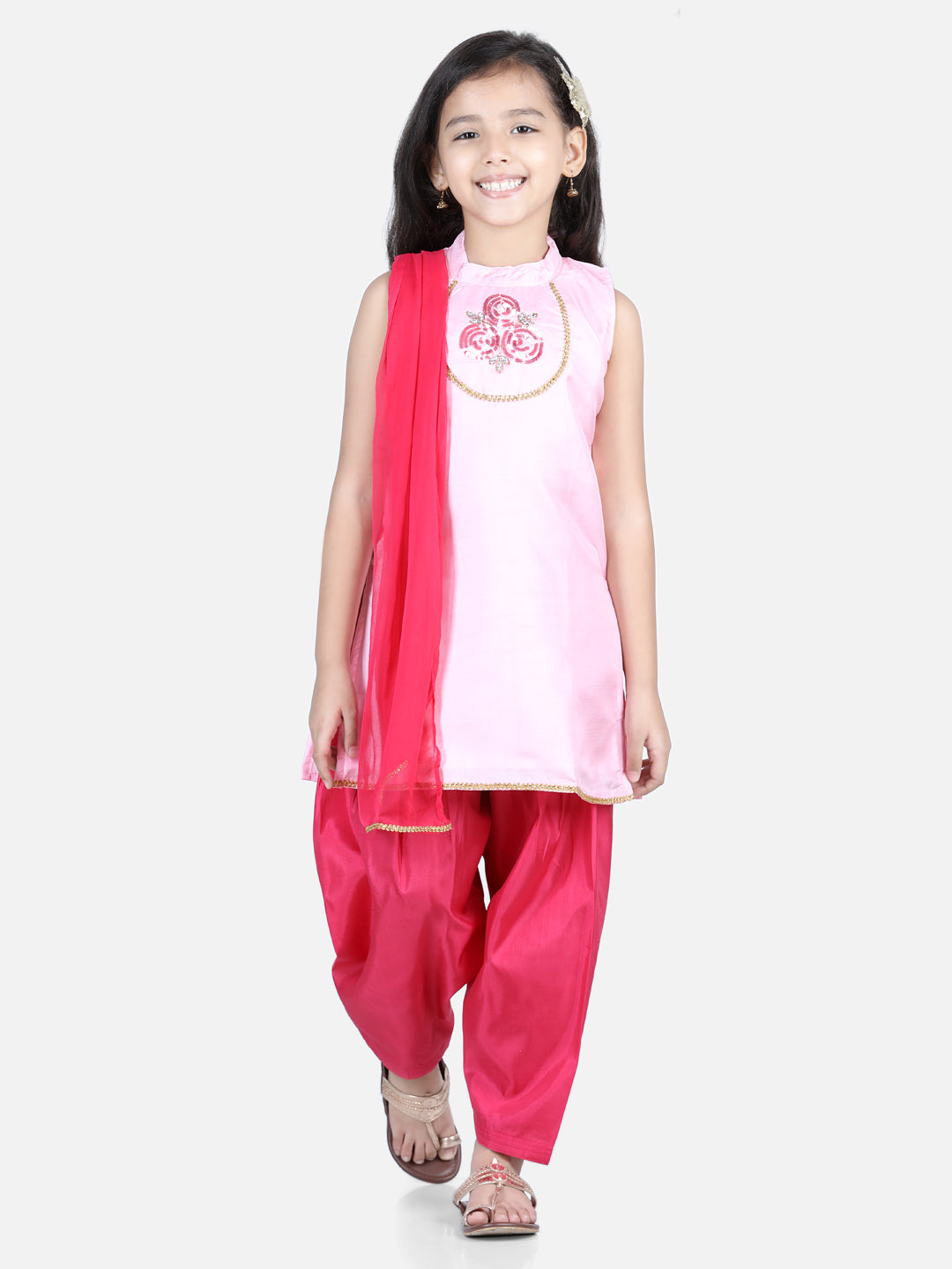 BownBee Rose Hand Embroidered Sleeveless Silk Kurti & Salwar Set With Dupatta - Pink