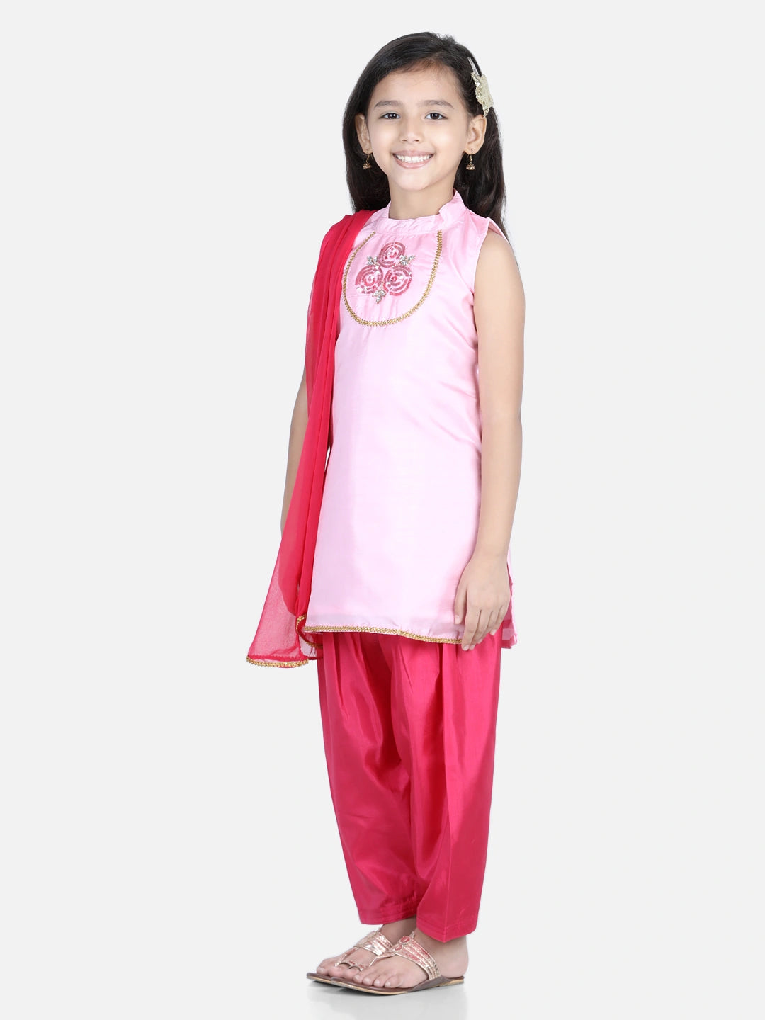 BownBee Rose Hand Embroidered Sleeveless Silk Kurti & Salwar Set With Dupatta