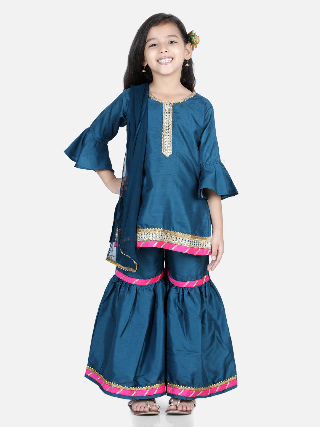 BownBee Three Fourth Bell Sleeves Lace Embellished Leheriya Kurta & Sharara With Dupatta Set -Super Sale