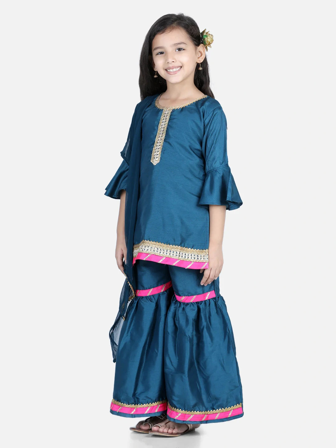 BownBee Bell Sleeve Silk Kurti Sharara Dupatta for Girls