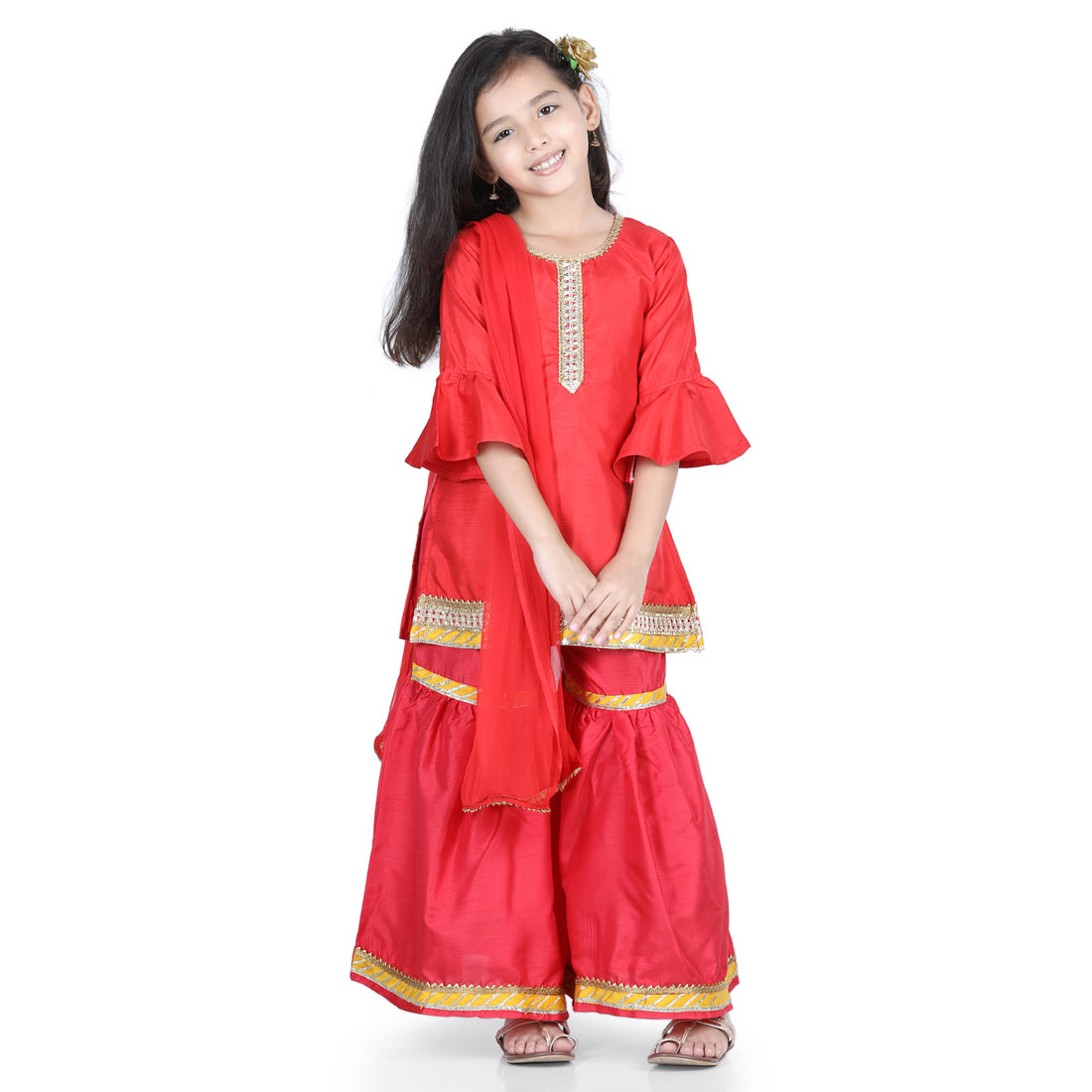 BownBee Bell Sleeve Silk Kurti Sharara Dupatta for Girls- Red
