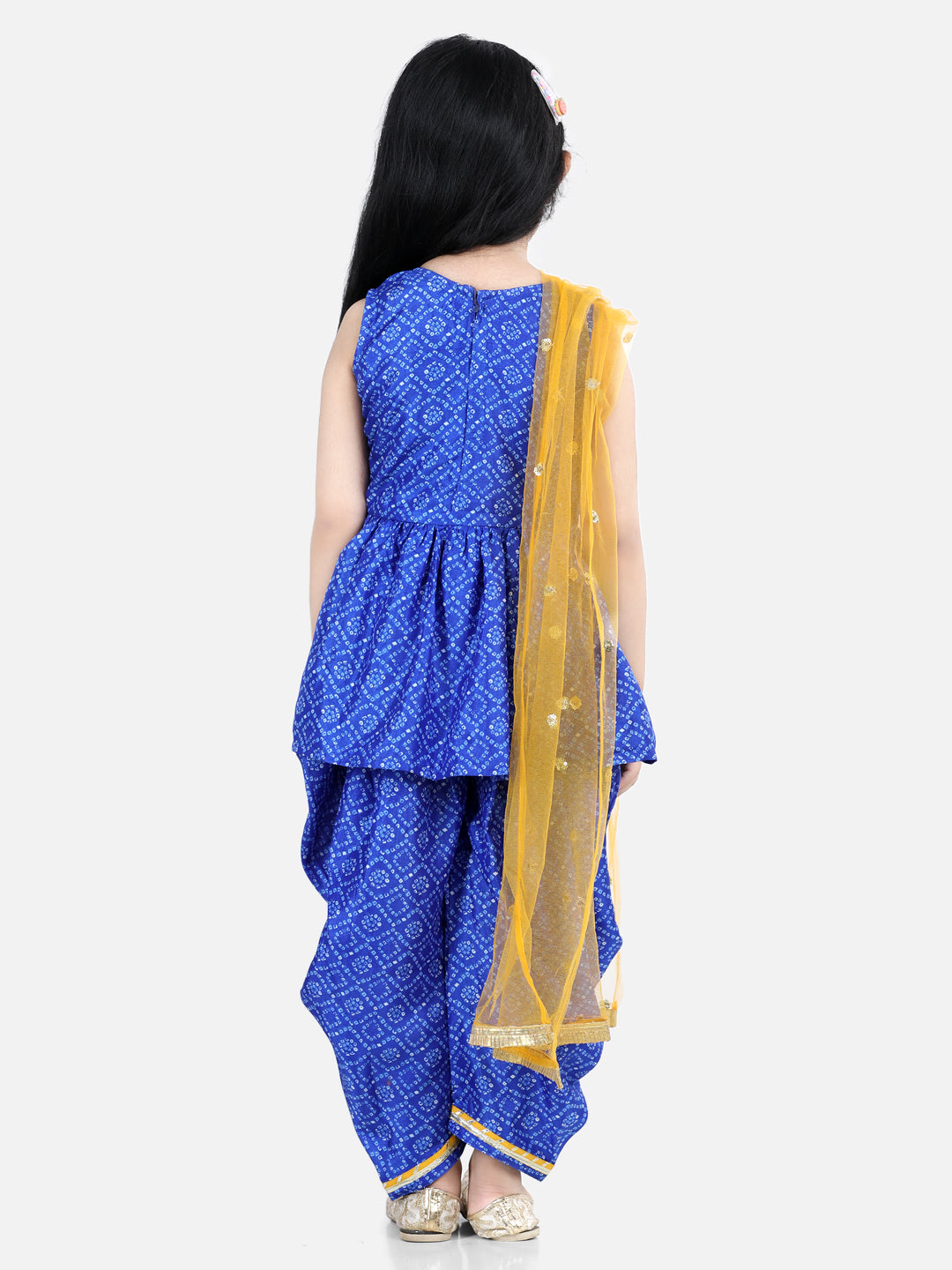 BownBee Sleeveless Bandhani Detail Peplum Style Kurti And Dhoti With Dupatta - Blue