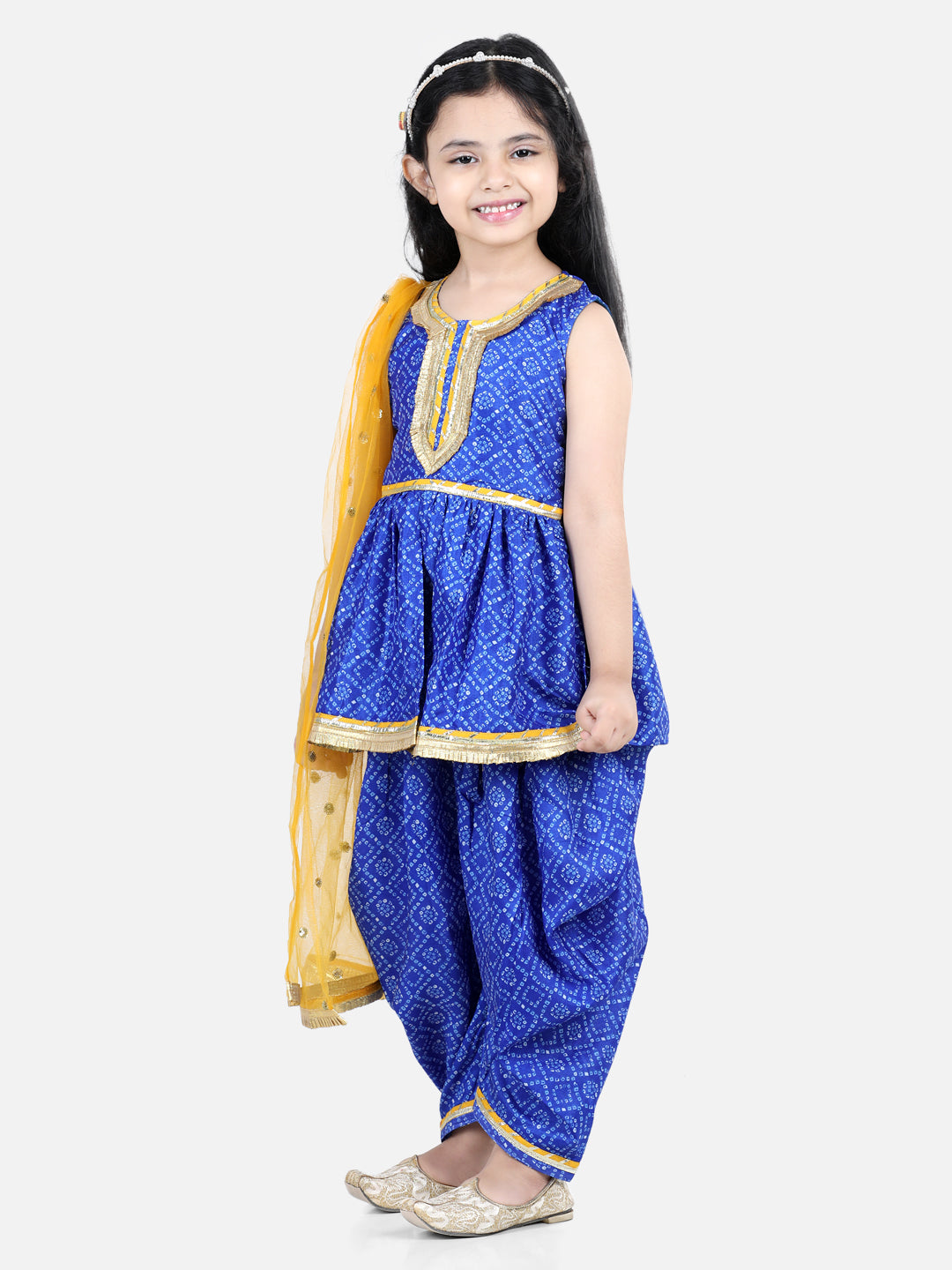 BownBee Sleeveless Bandhani Detail Peplum Style Kurti And Dhoti With Dupatta - Blue