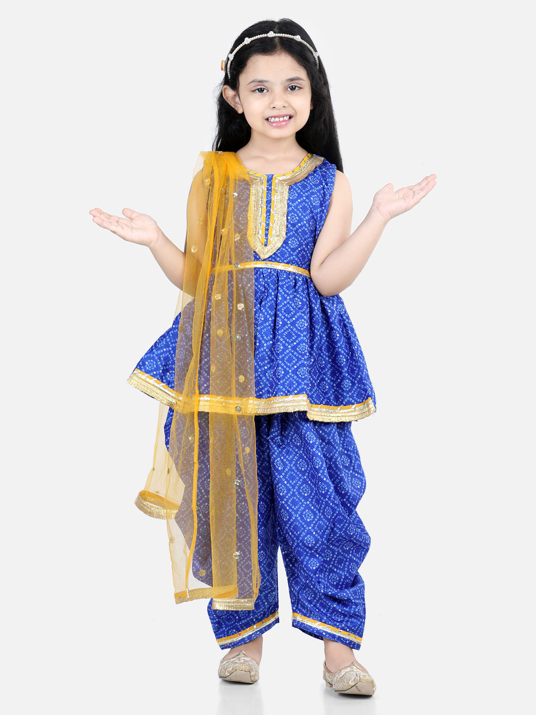 BownBee Girls Bandhani Silk Peplum Style Kurti Dhoti with Dupatta Suits - Blue