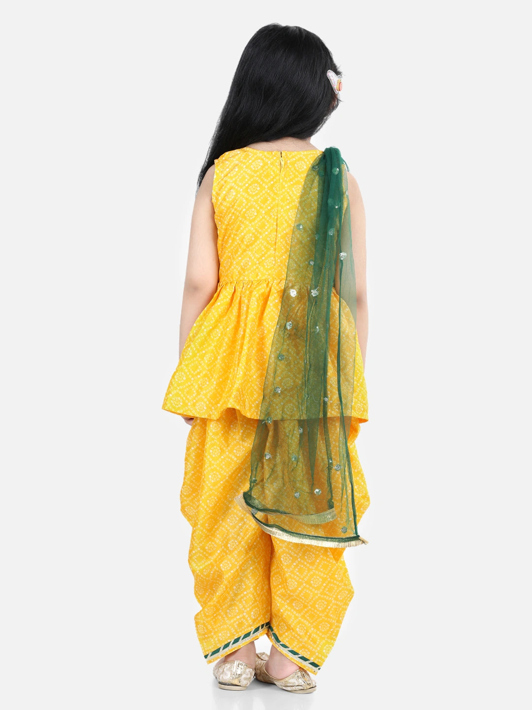 BownBee Sleeveless Bandhani Peplum Style Kurta & Dhoti With Dupatta