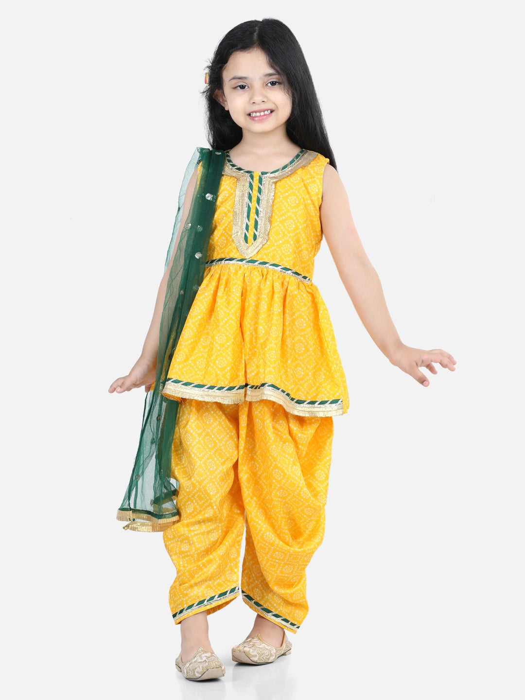 BownBee Sleeveless Bandhani Peplum Style Kurta & Dhoti With Dupatta