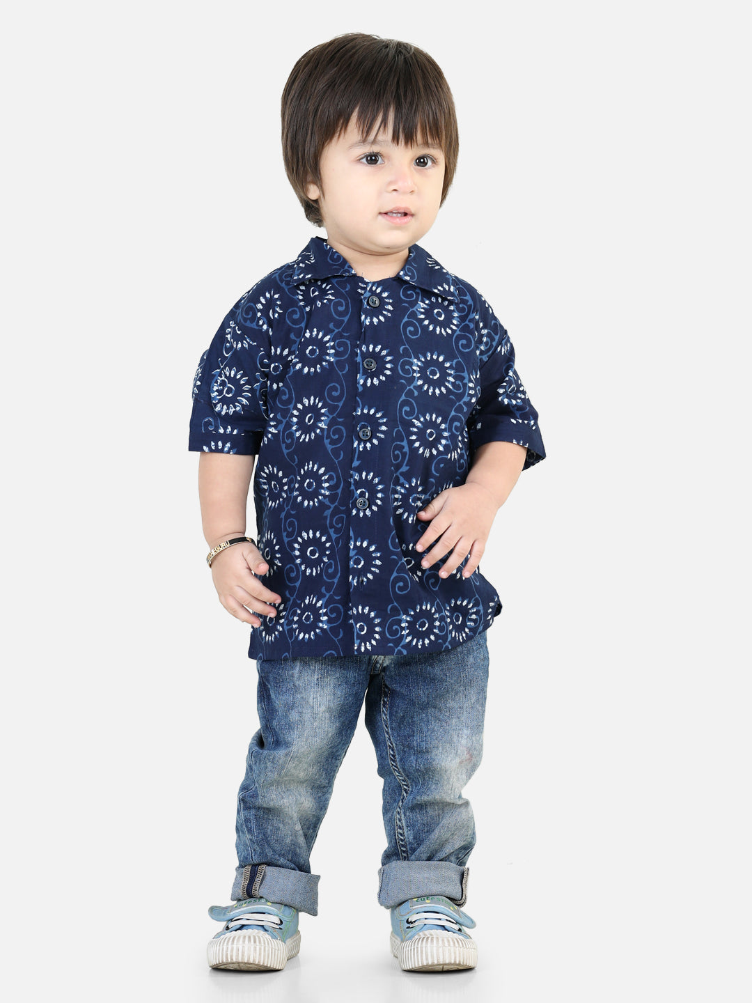 BownBee Printed Half Sleeve Pure Cotton Shirt for Boys- Indigo