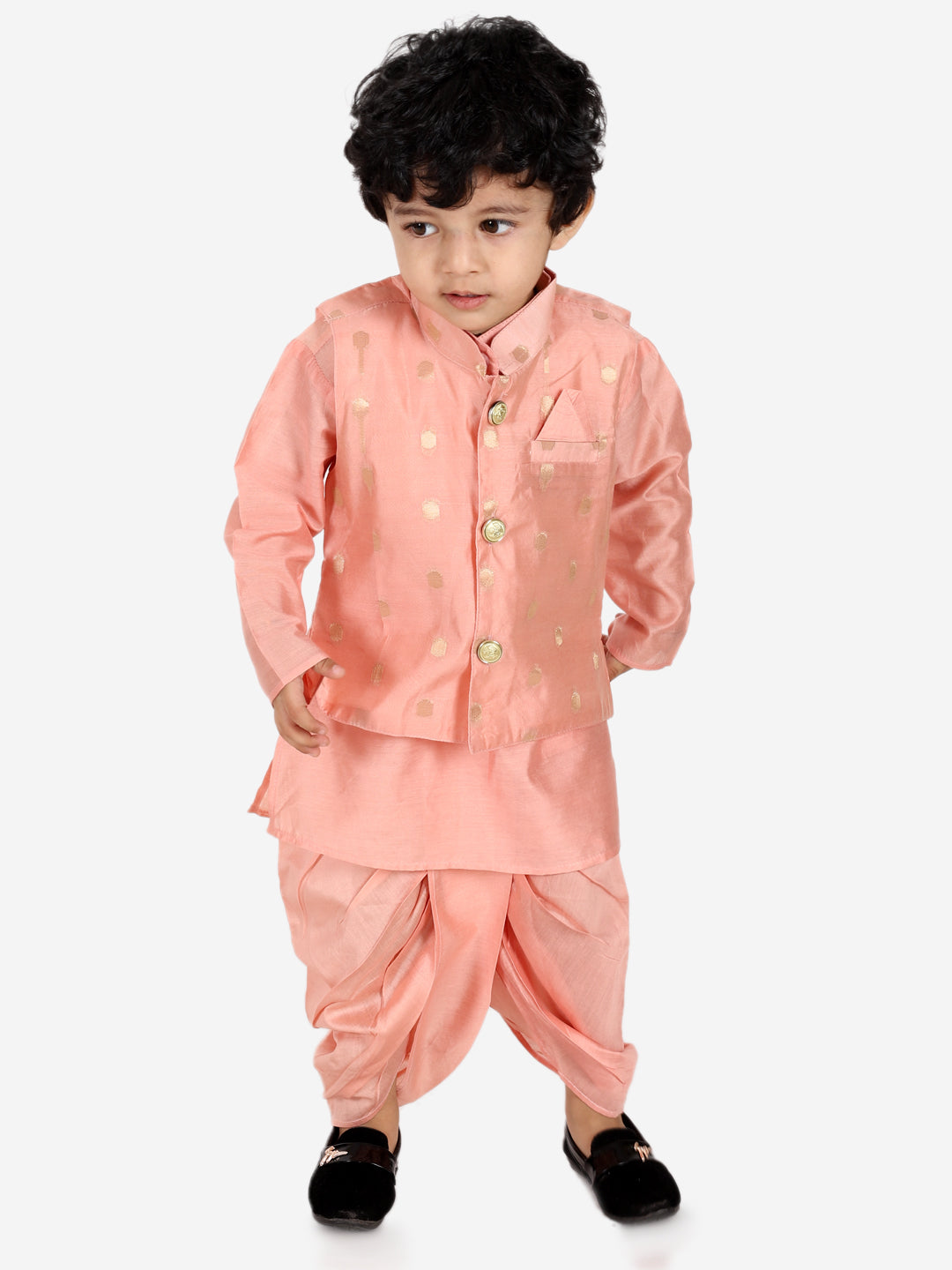 BownBee Chanderi Jacket with Chanderi Dhoti Kurta for Boys and One Shoulder Chanderi Silk  Peplum with Dhoti for Girls- Peach