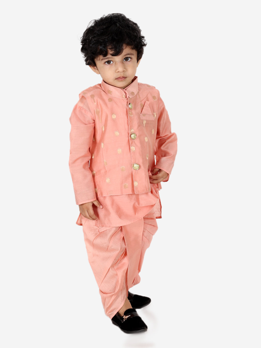 BownBee Sibling Set Chanderi Jacket with Chanderi Dhoti Kurta for Boys- Peach with Chanderi Silk One Shoulder Peplum with Dhoti- Peach