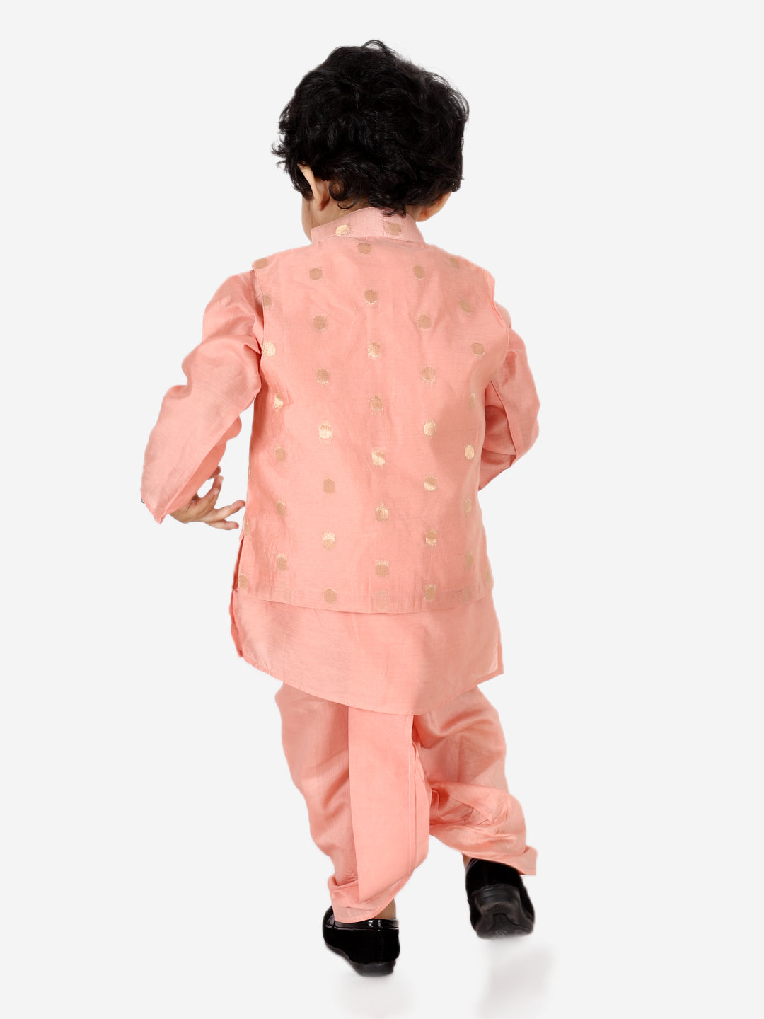 BownBee Chanderi Jacket with Chanderi Dhoti Kurta for Boys and One Shoulder Chanderi Silk  Peplum with Dhoti for Girls- Peach