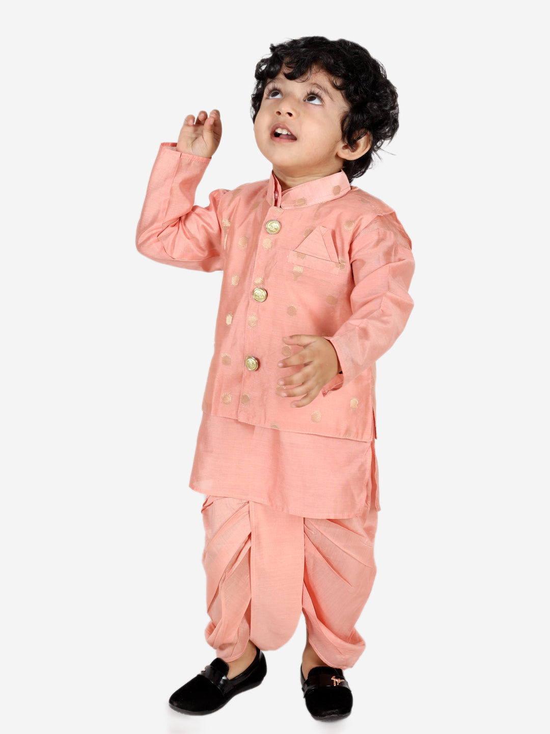 BownBee Chanderi Jacket with Chanderi Dhoti Kurta for Boys and One Shoulder Chanderi Silk  Peplum with Dhoti for Girls- Peach