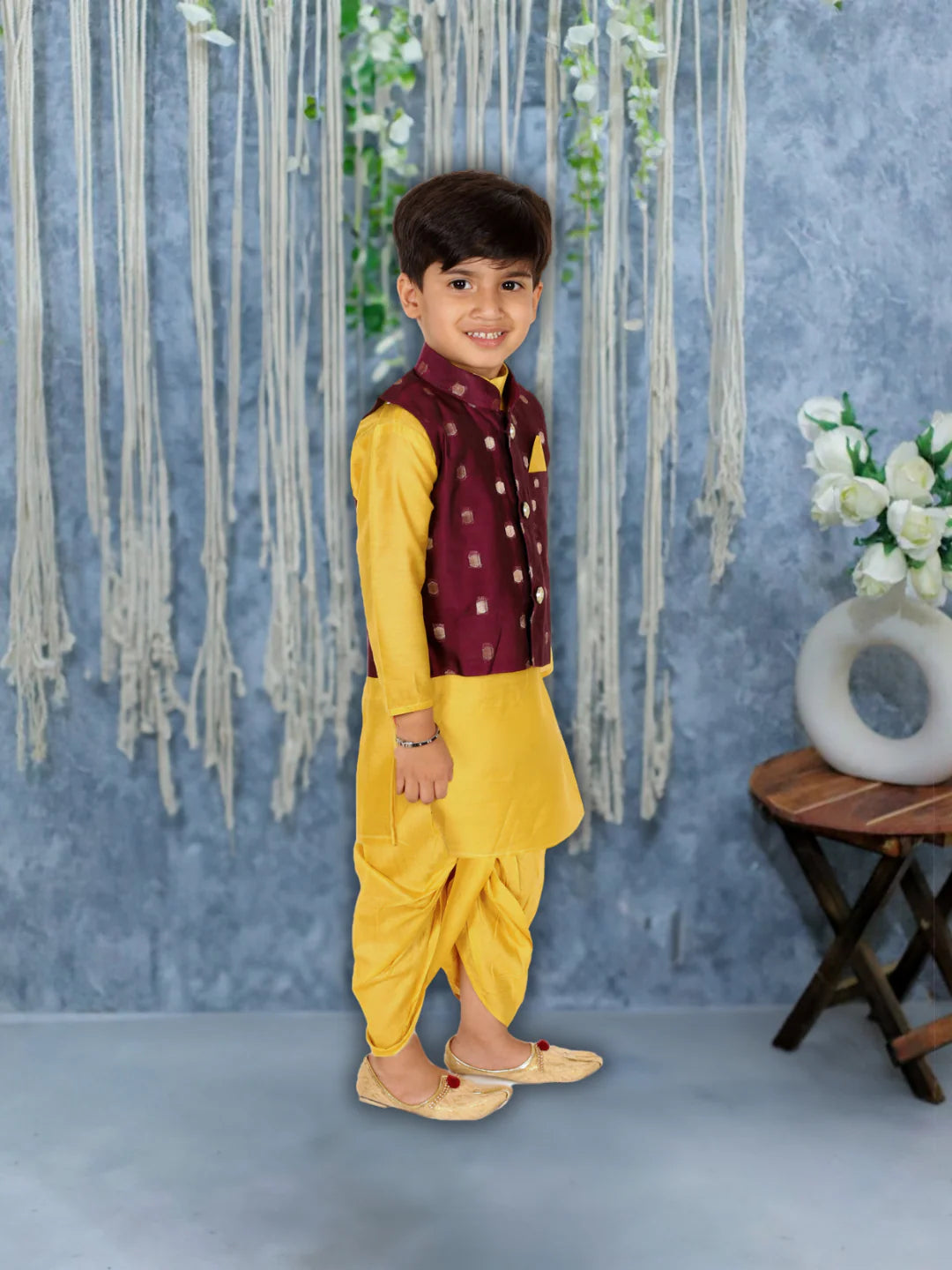 BownBee Chanderi Jacket with Chanderi Dhoti Kurta for Boys
