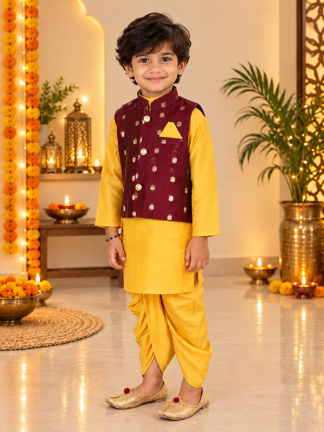 BownBee Chanderi Jacket With Dhoti Kurta Set for Boys- Purple