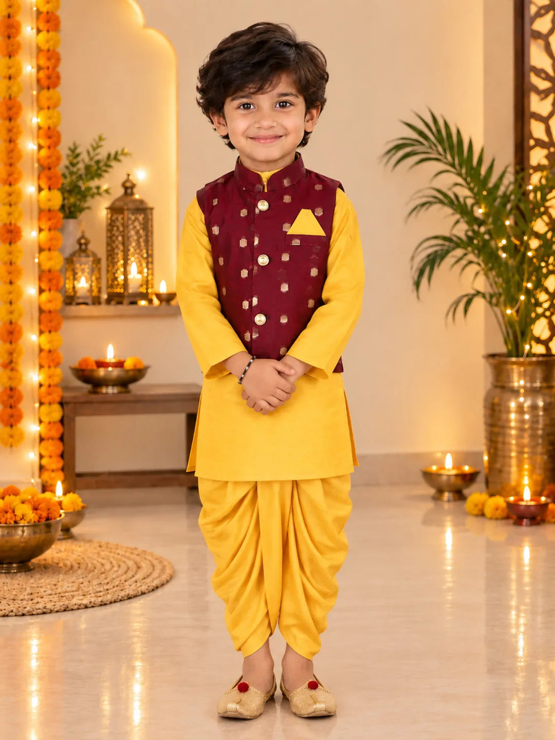 BownBee Chanderi Jacket With Dhoti Kurta Set for Boys- Purple