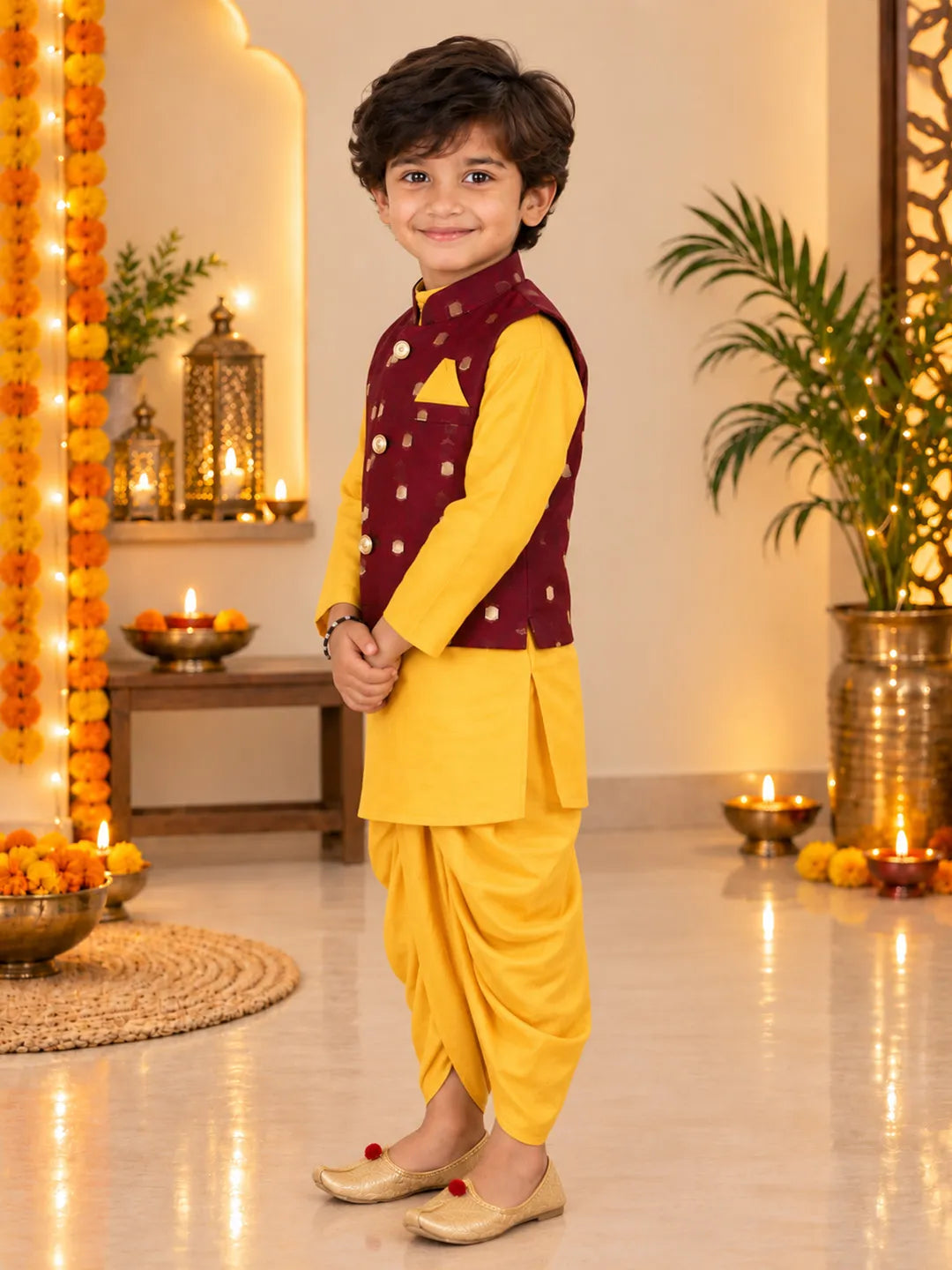 BownBee Chanderi Jacket With Dhoti Kurta Set for Boys- Purple