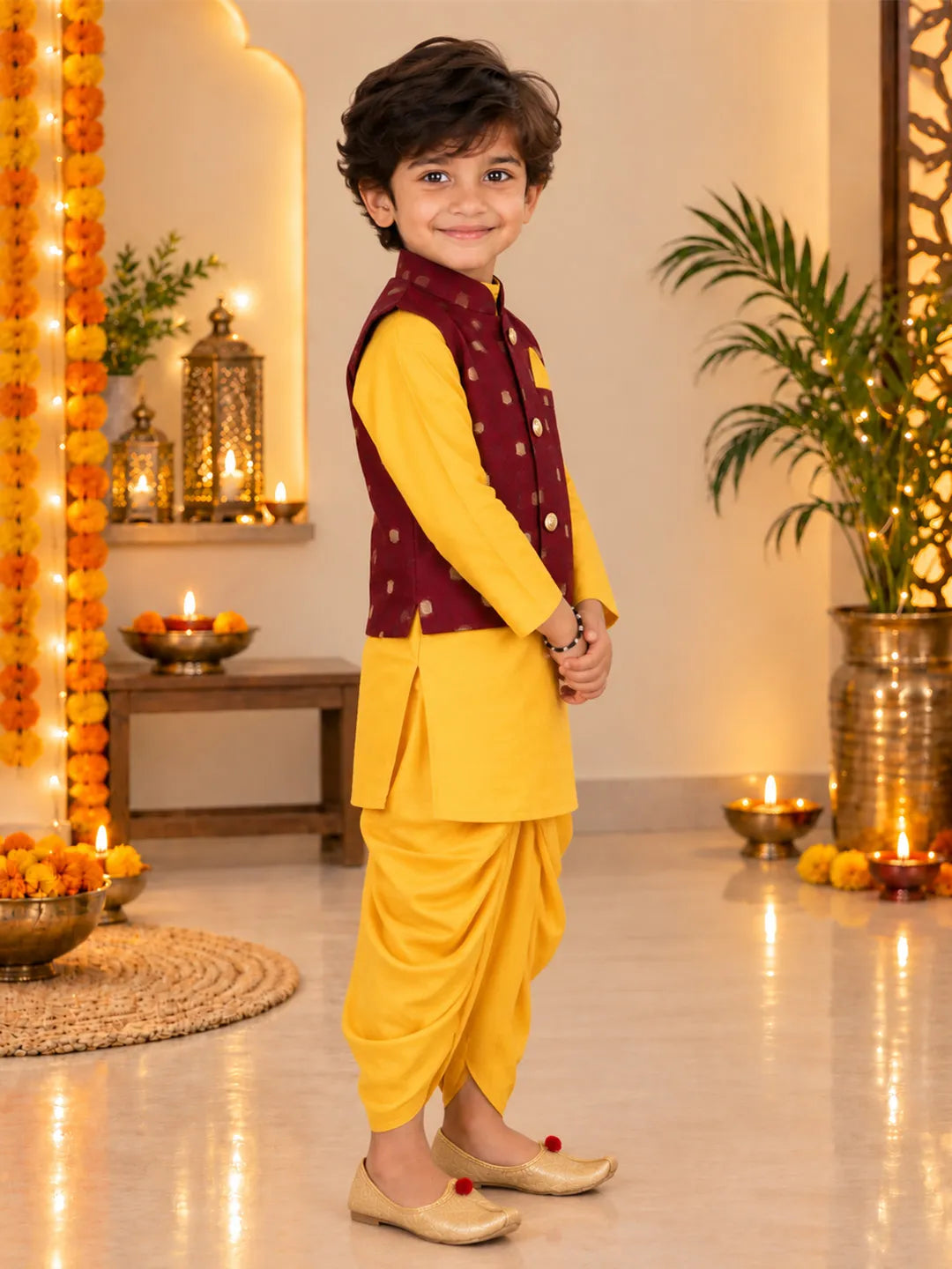 BownBee Chanderi Jacket With Dhoti Kurta Set for Boys- Purple