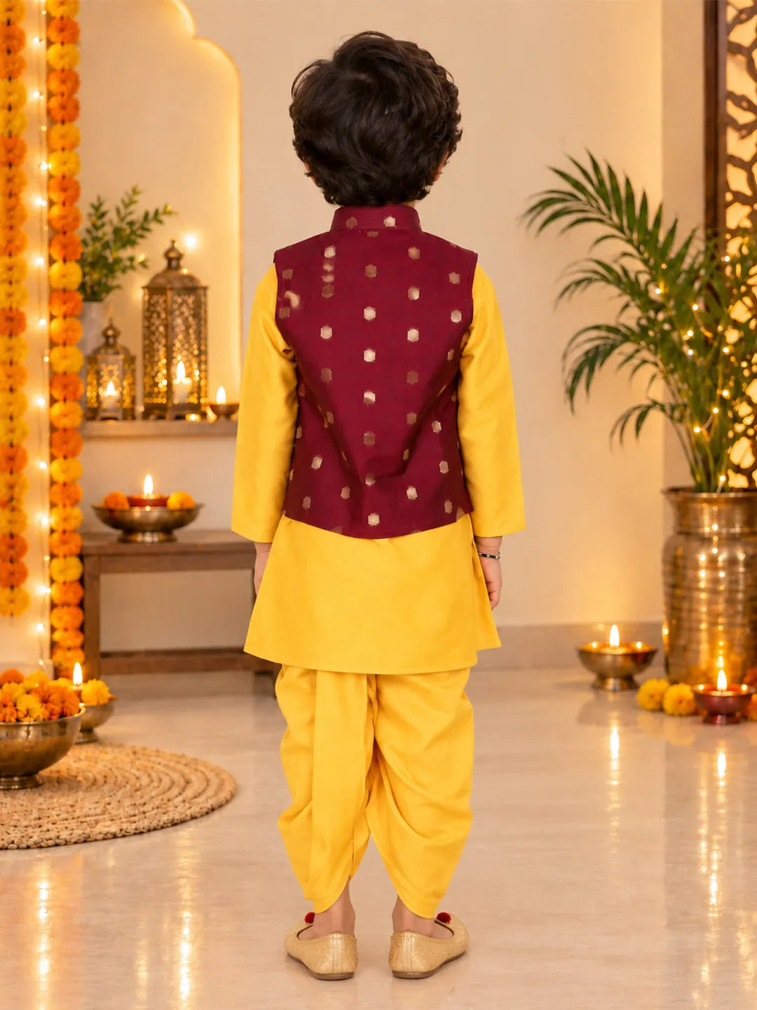 BownBee Chanderi Jacket With Dhoti Kurta Set for Boys- Purple