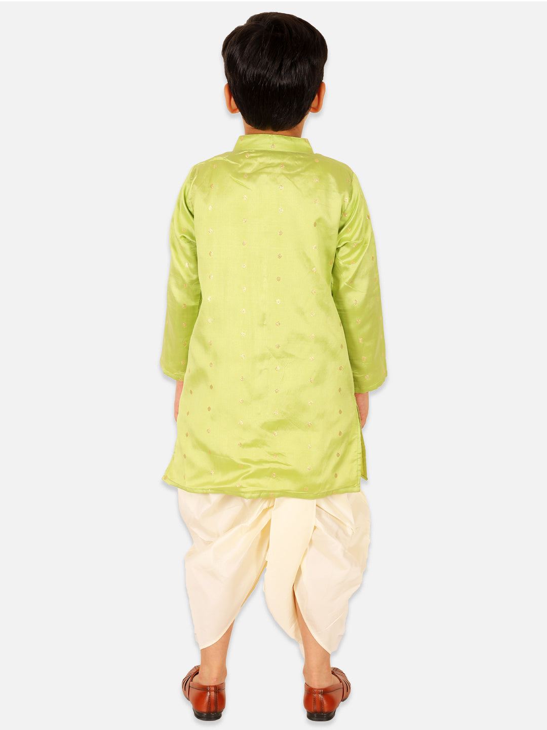 BownBee Sibling Set Full Sleeve Festive Dhoti Kurta for Boys- Green Puff Sleeve Top Lehenga with Dupatta for Girls- Pink
