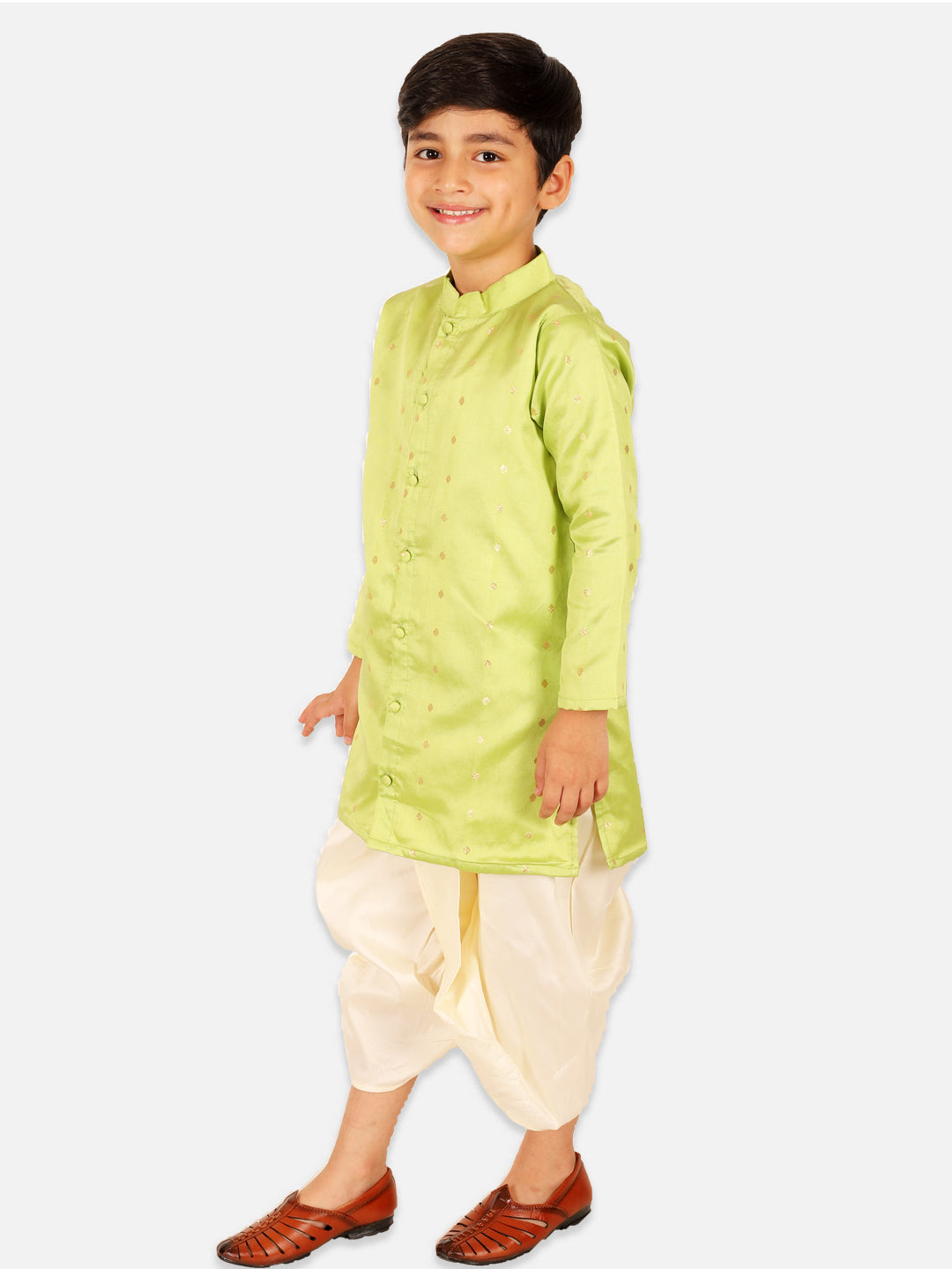 BownBee Sibling Set Full Sleeve Festive Dhoti Kurta for Boys- Green Puff Sleeve Top Lehenga with Dupatta for Girls- Pink