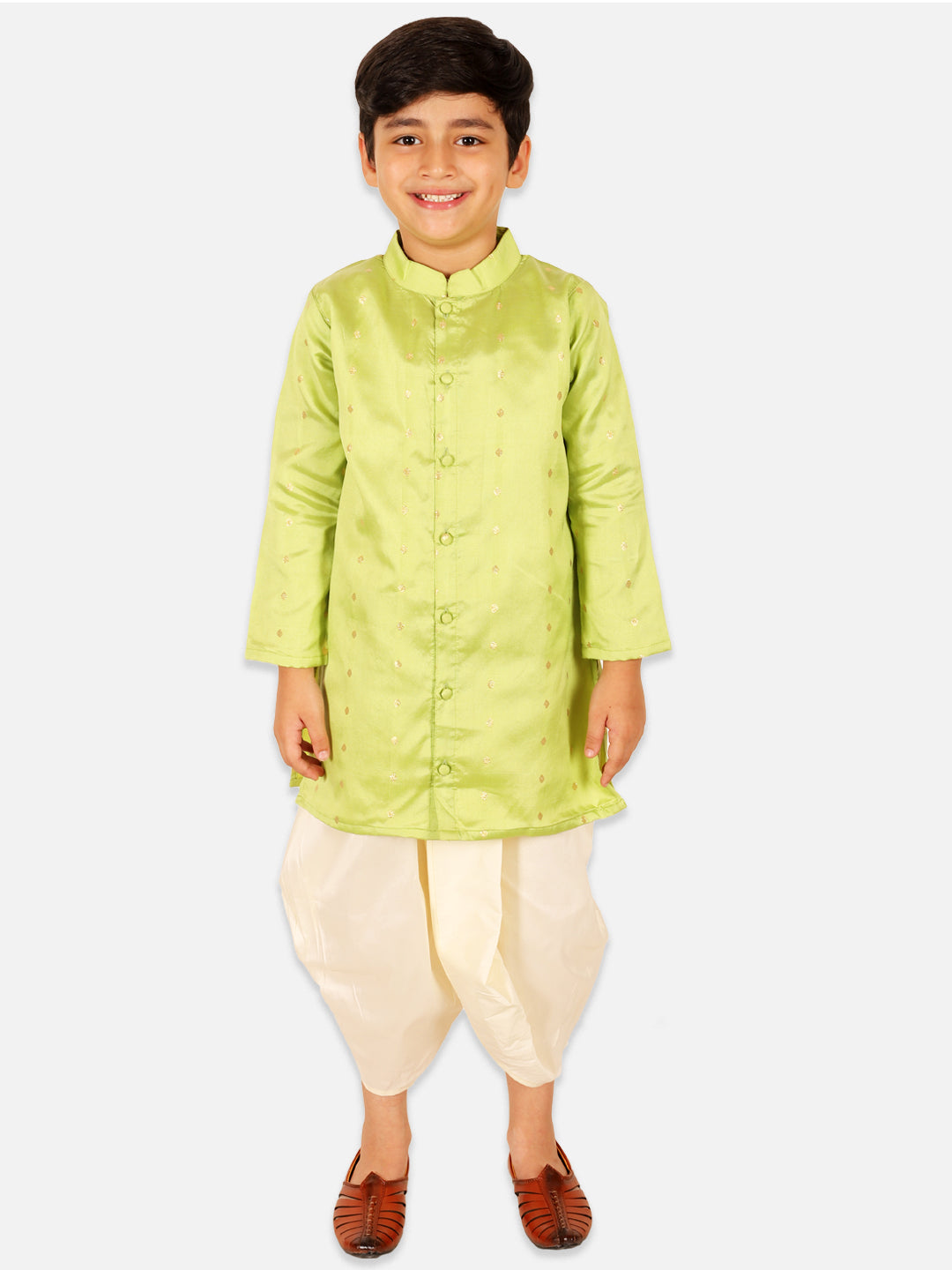 BownBee Sibling Set Full Sleeve Festive Dhoti Kurta for Boys- Green Puff Sleeve Top Lehenga with Dupatta for Girls- Pink