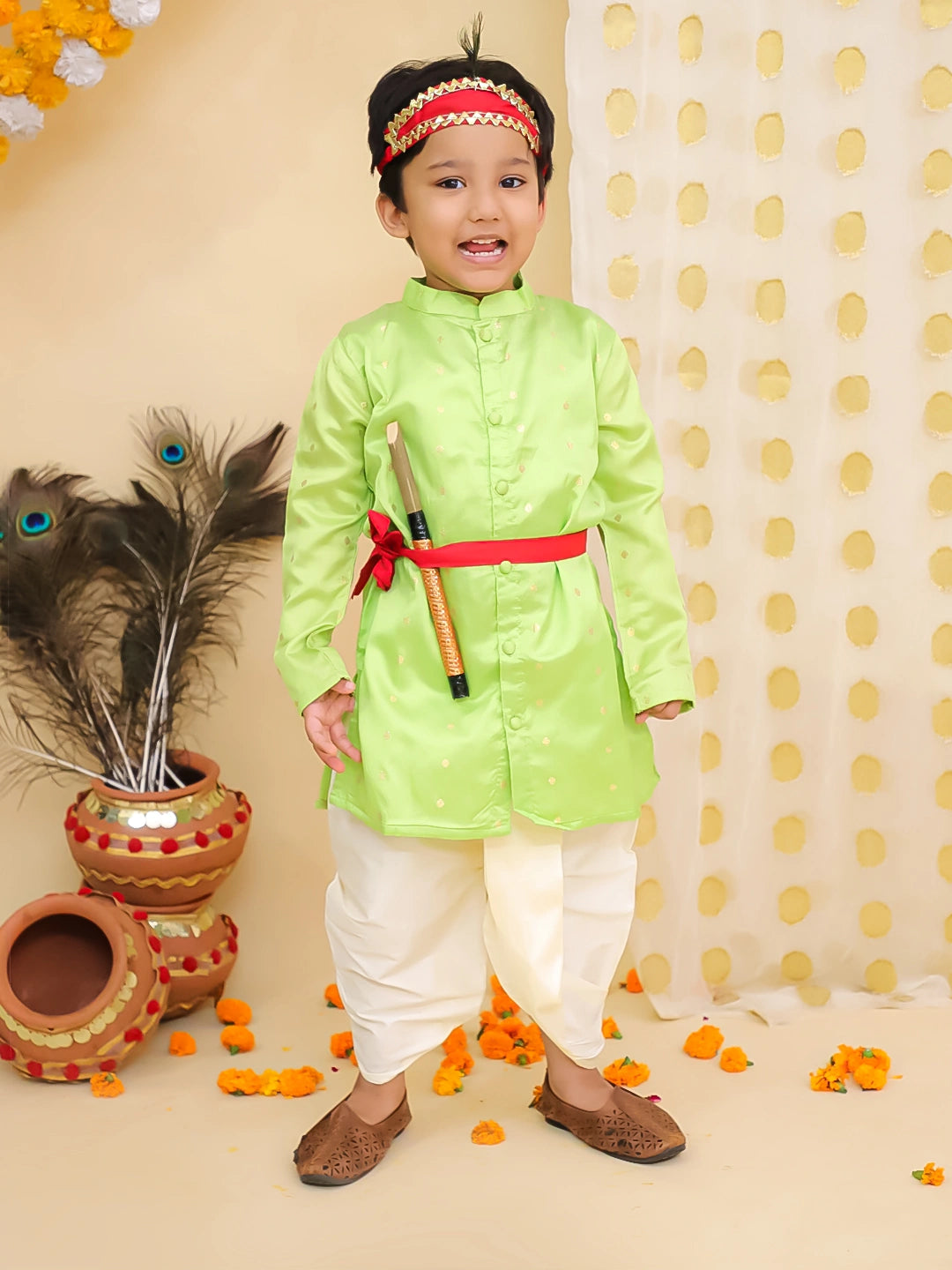 BownBee Festive Full Sleeves  Dhoti Kurta Set For Boys -Green