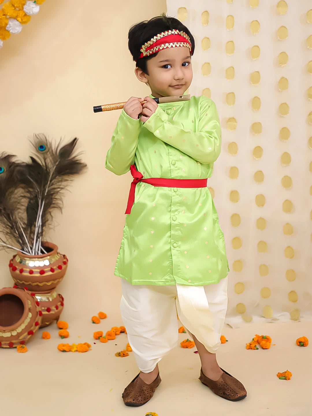 BownBee Festive Full Sleeves  Dhoti Kurta Set For Boys -Green