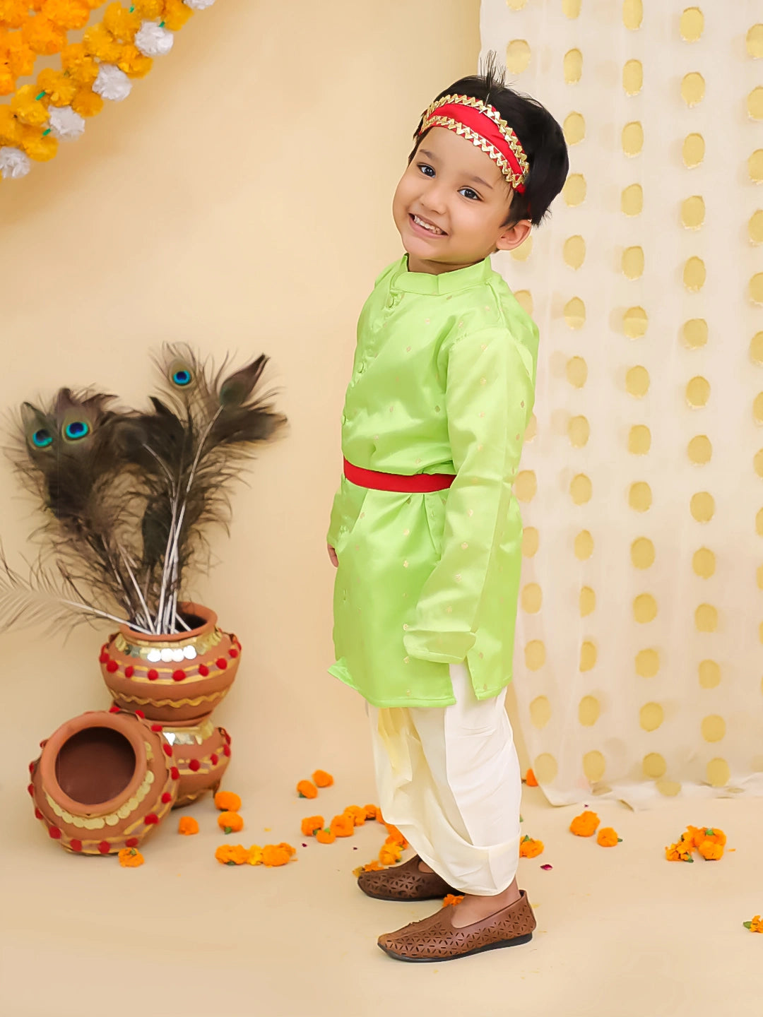 BownBee Festive Full Sleeves  Dhoti Kurta Set For Boys -Green