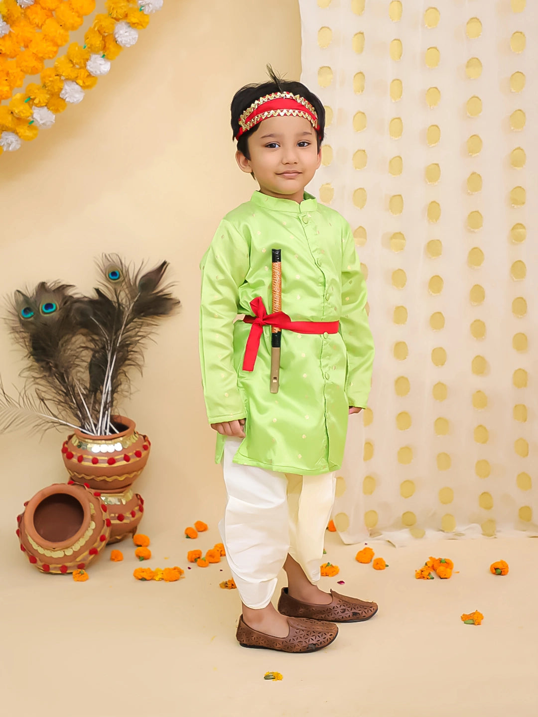 BownBee Festive Full Sleeves  Dhoti Kurta Set For Boys -Green