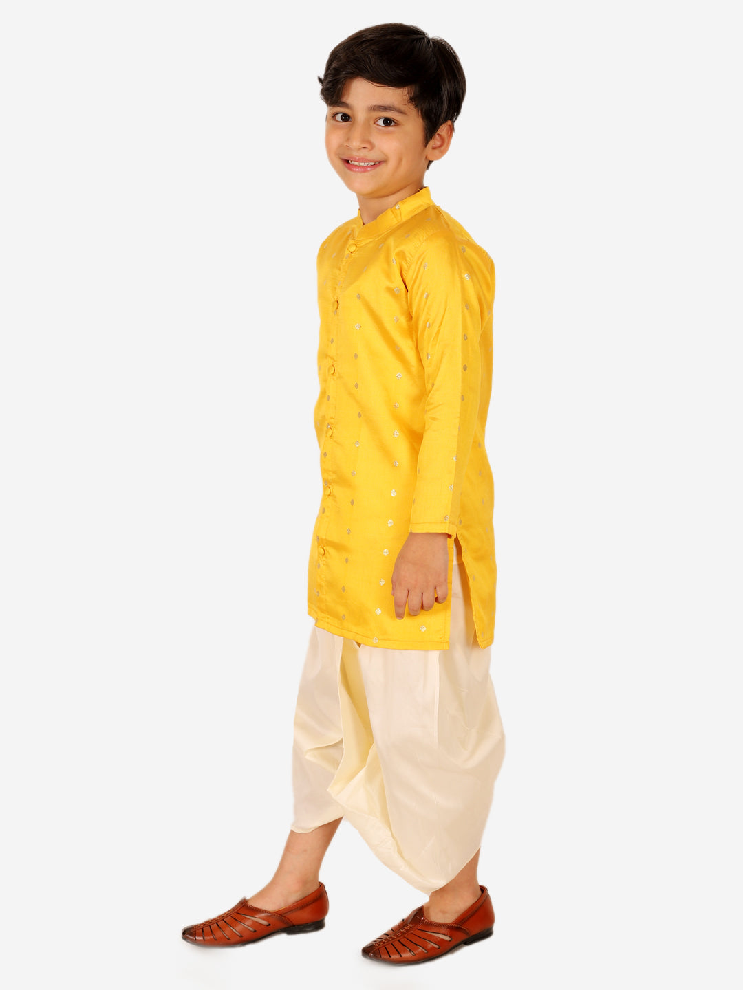 BownBee Sibling Set Full Sleeve Festive Dhoti Kurta for Boys- Yellow Puff Sleeve Top Lehenga with Dupatta for Girls- Purple