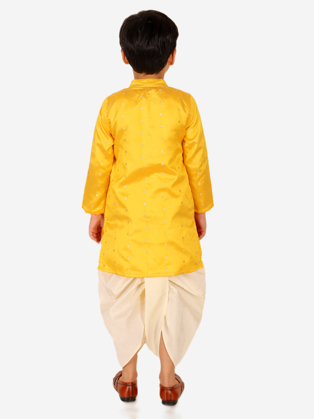 BownBee Sibling Set Full Sleeve Festive Dhoti Kurta for Boys- Yellow Puff Sleeve Top Lehenga with Dupatta for Girls- Purple