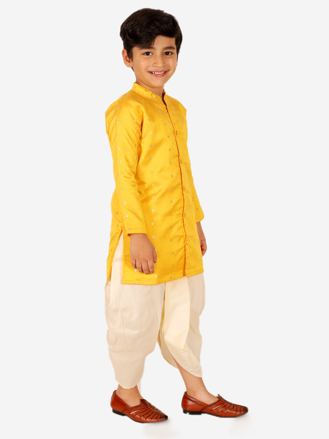 BownBee Sibling Set Full Sleeve Festive Dhoti Kurta for Boys- Yellow Puff Sleeve Top Lehenga with Dupatta for Girls- Purple