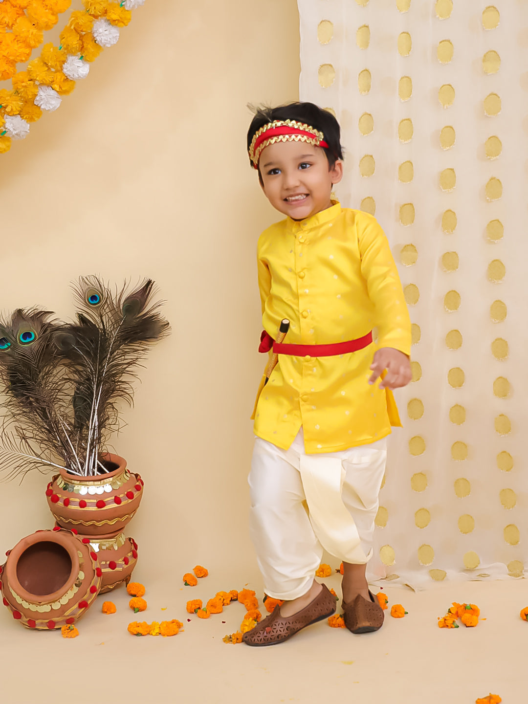 BownBee Festive Full Sleeves  Dhoti Kurta Set For Boys -Yellow