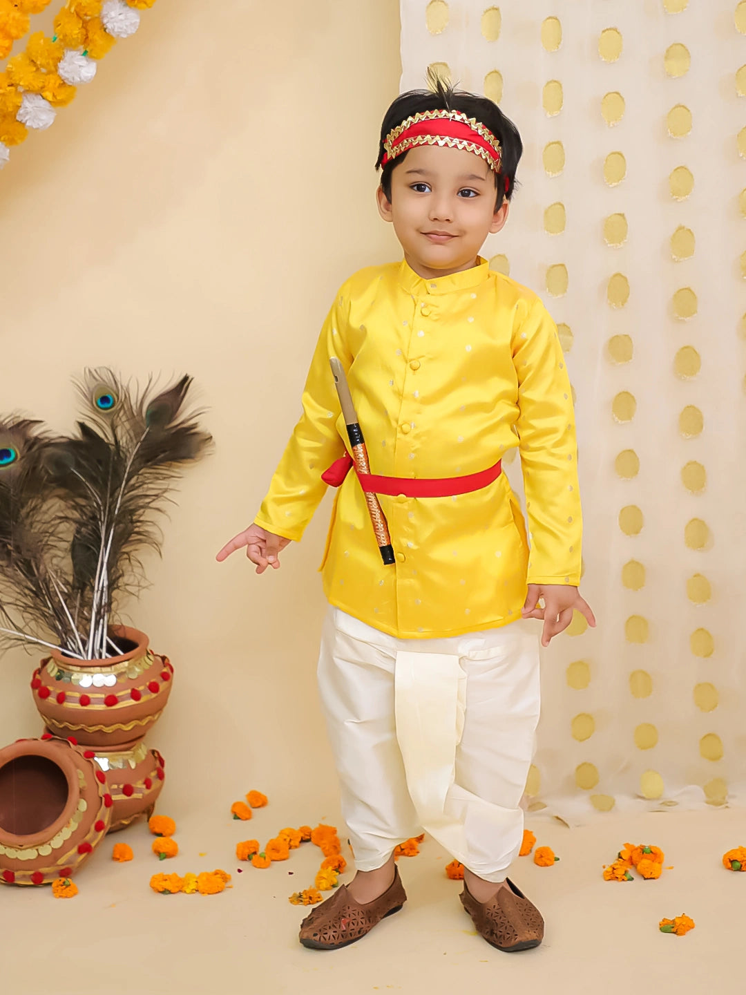 BownBee Festive Full Sleeves  Dhoti Kurta Set For Boys -Yellow