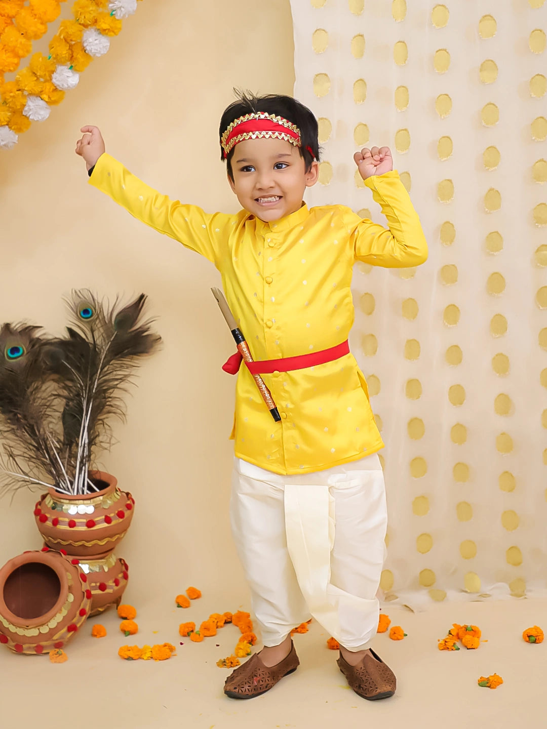 BownBee Festive Full Sleeves  Dhoti Kurta Set For Boys -Yellow