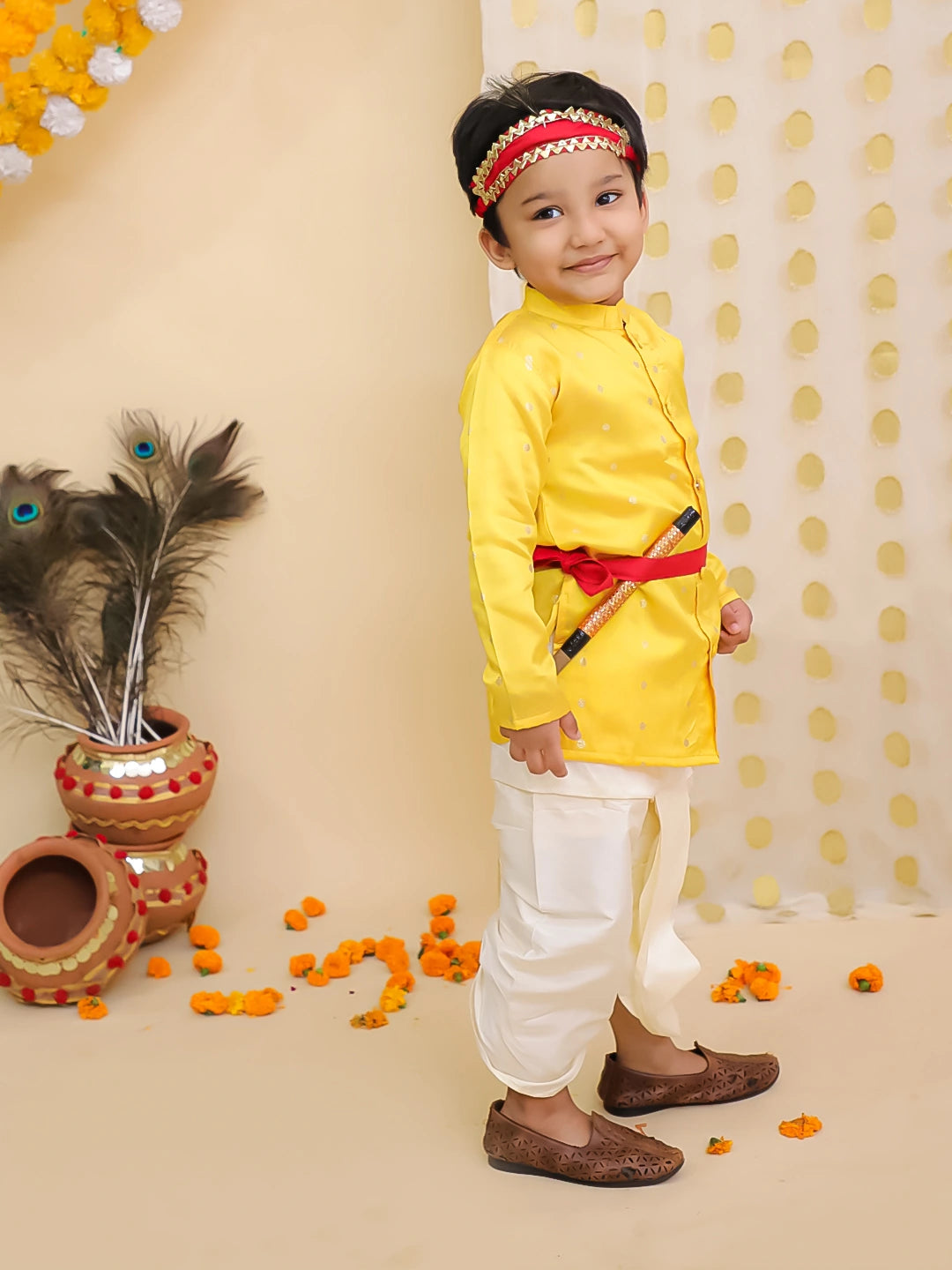 BownBee Festive Full Sleeves  Dhoti Kurta Set For Boys -Yellow