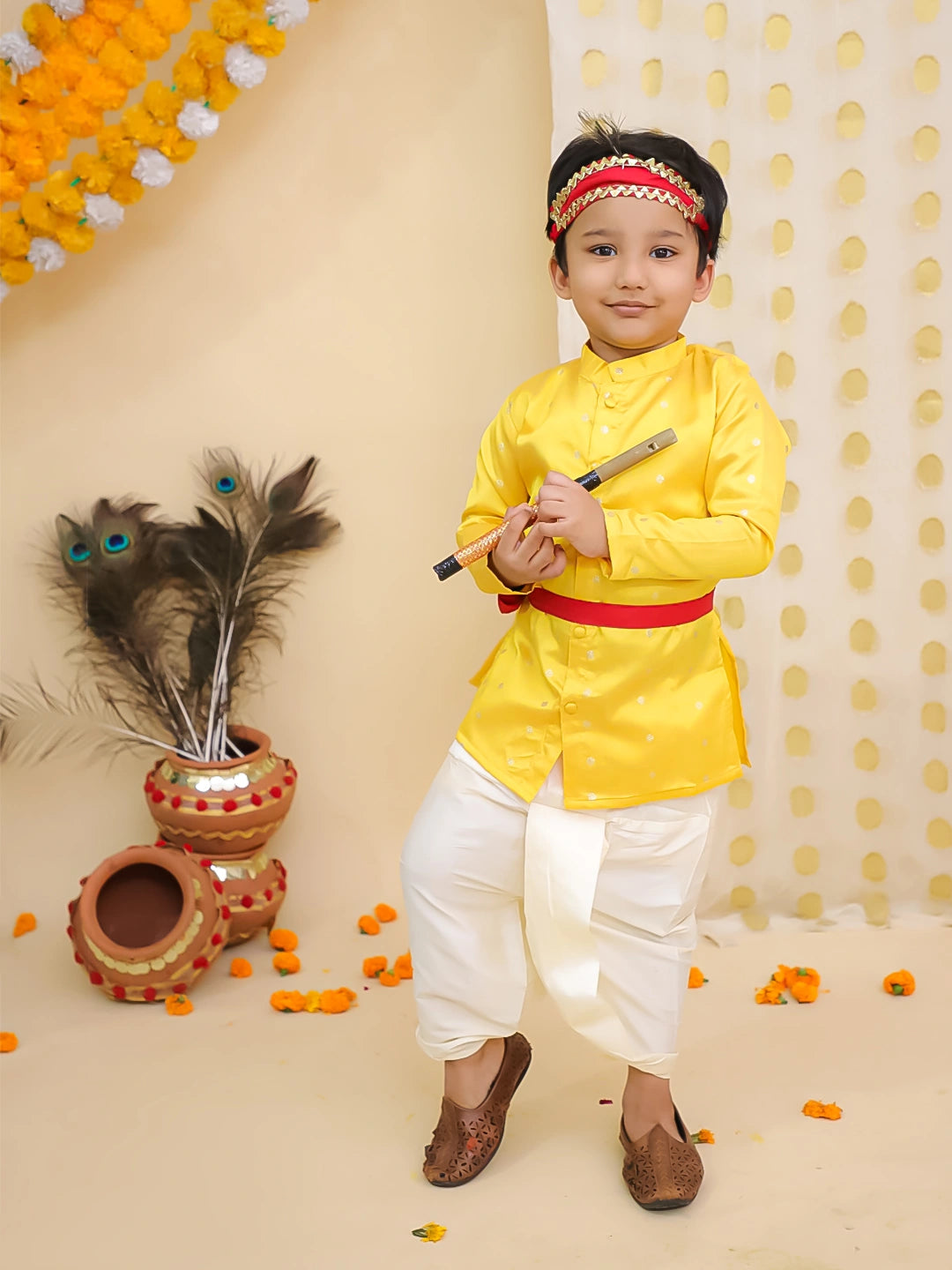 BownBee Festive Full Sleeves  Dhoti Kurta Set For Boys -Yellow