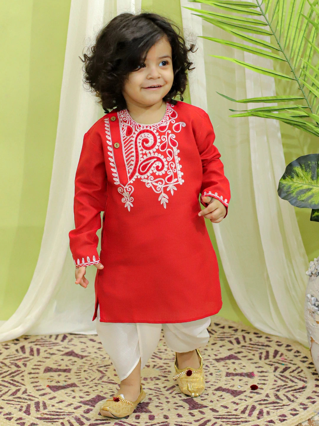 BownBee Embroidered Bangali Style Kurta with Dhoti for Boys- Red