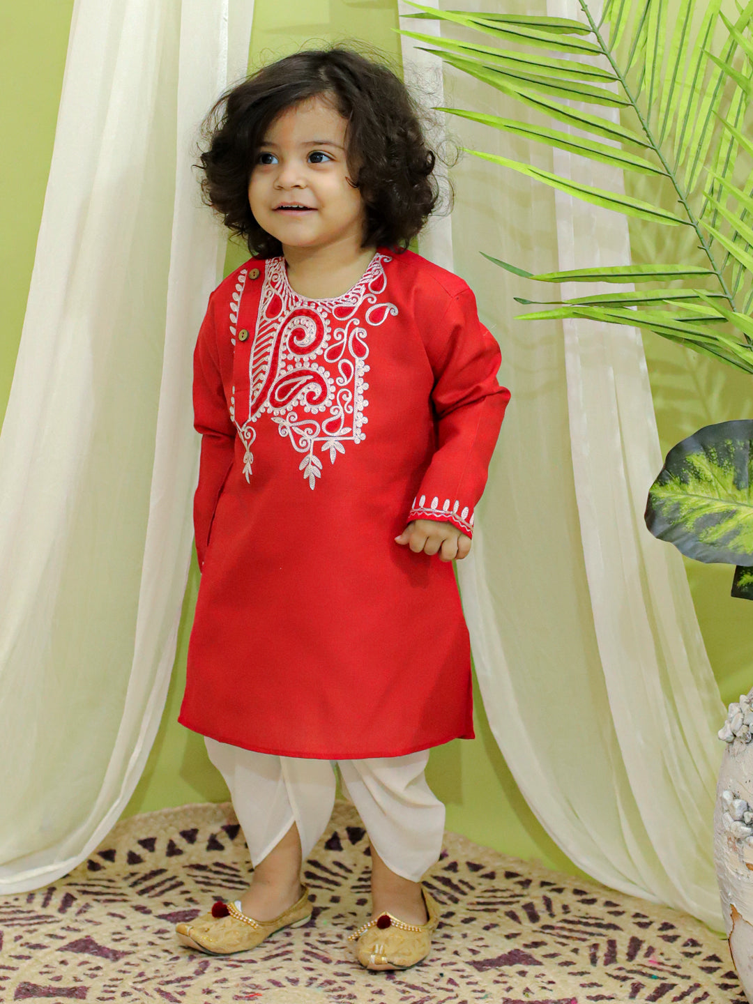 BownBee Embroidered Bangali Style Kurta with Dhoti for Boys- Red