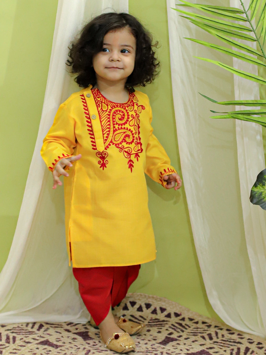 BownBee Embroidered Bangali Style Kurta with Dhoti for Boys- Yellow