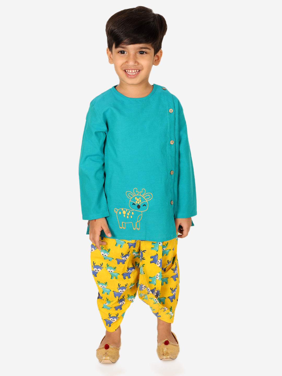 BownBee Embroidered Pure Cotton Green Kurta with Printed Dhoti for Boys and Deer Print Yellow Pure Cotton Top Harem Set for Girls