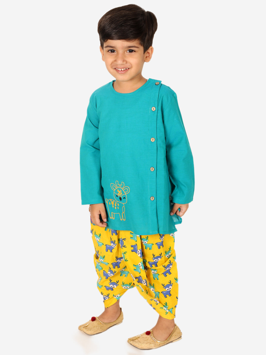 BownBee Embroidered Pure Cotton Kurta with Printed Dhoti for Boys- Green