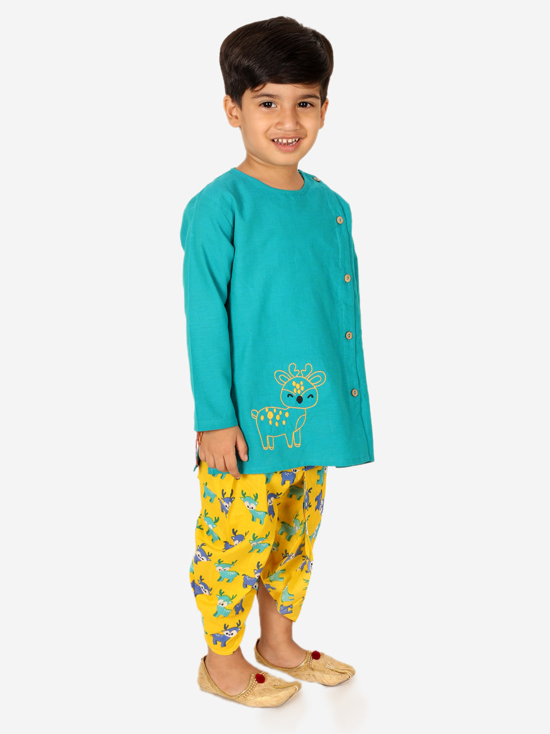 BownBee Embroidered Pure Cotton Kurta with Printed Dhoti for Boys- Green