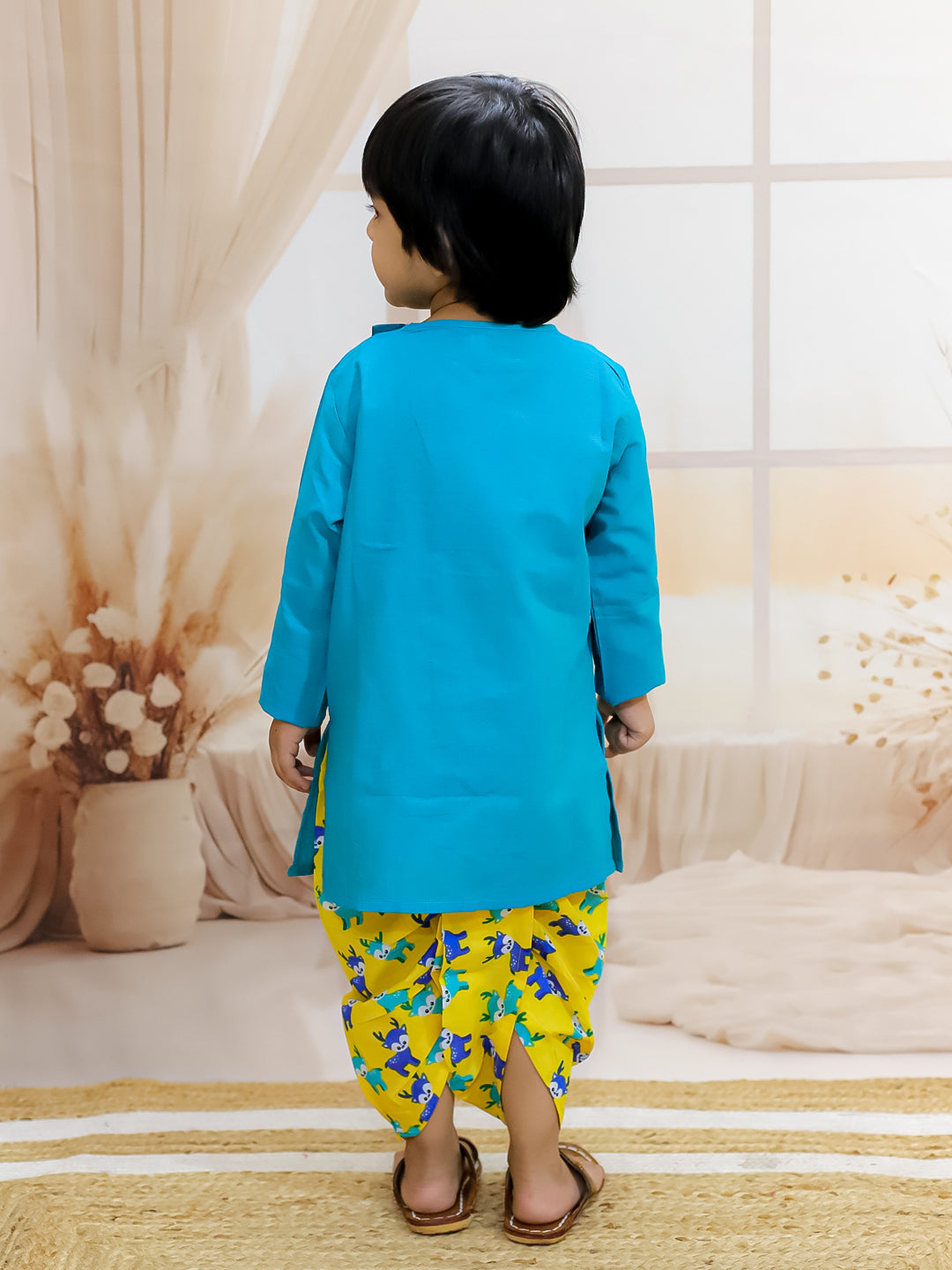 BownBee Sibling Set Embroidered Pure Cotton Kurta with Printed Dhoti for Boys with Deer Print Pure Cotton Top Harem Set for Girls
