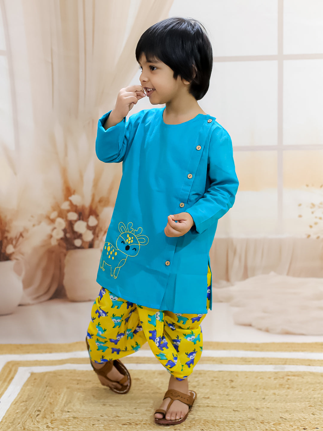 BownBee Sibling Set Embroidered Pure Cotton Kurta with Printed Dhoti for Boys with Deer Print Pure Cotton Top Harem Set for Girls