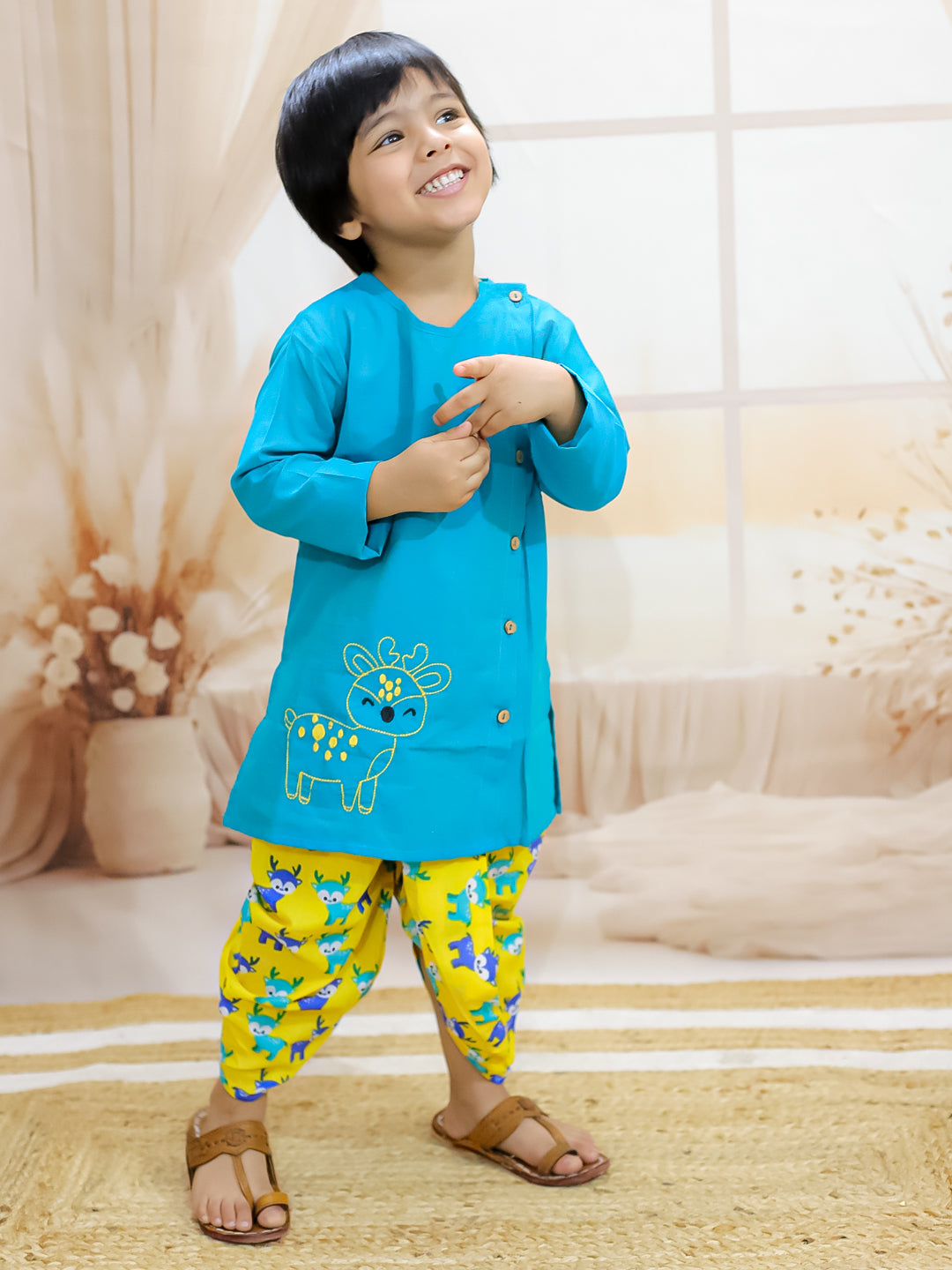 BownBee Sibling Set Embroidered Pure Cotton Kurta with Printed Dhoti for Boys with Deer Print Pure Cotton Top Harem Set for Girls