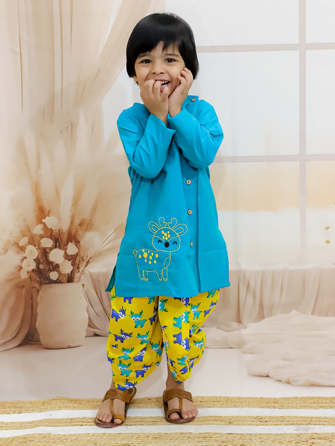 BownBee Sibling Set Embroidered Pure Cotton Kurta with Printed Dhoti for Boys with Deer Print Pure Cotton Top Harem Set for Girls