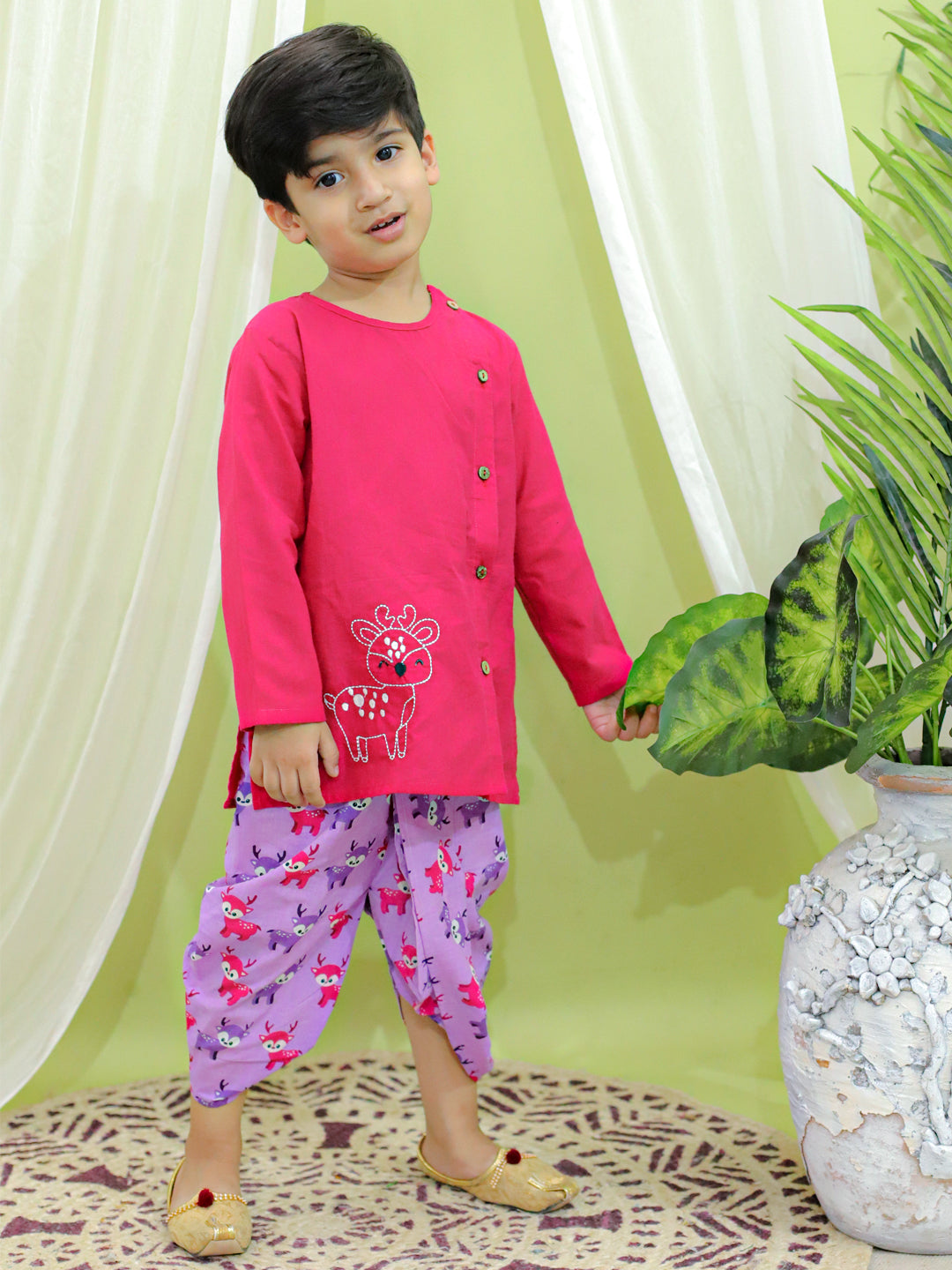 BownBee Embroidered Pure Cotton Purple Kurta with Printed Dhoti for Boys and Deer Print Purple Pure Cotton Top Harem Set for Girls